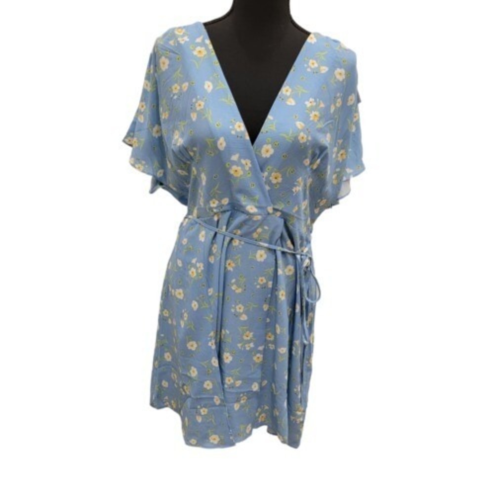 French Connection Bella Blue Multi Floral Wrap‎ Dress Sz 12 XL Cottage Spring
